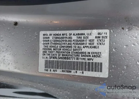 2011 Honda Odyssey Ex-L from USA, damaged, VIN 5FNRL5H69BB077118
